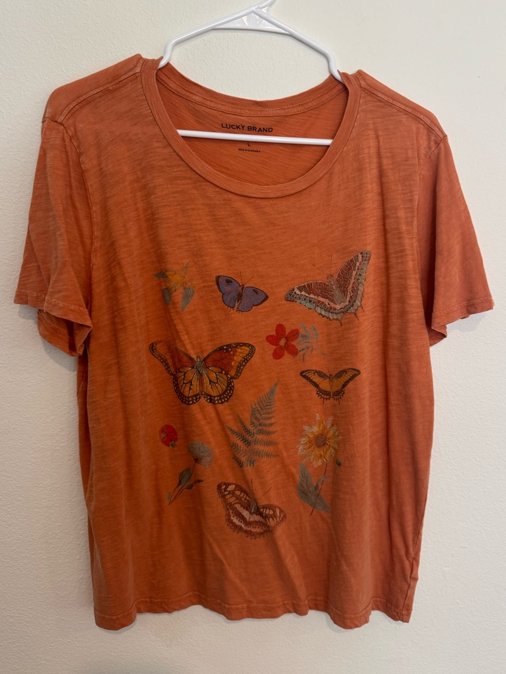 Lucky Brand Orange Rust Butterfly & Floral Short Sleeve Tee